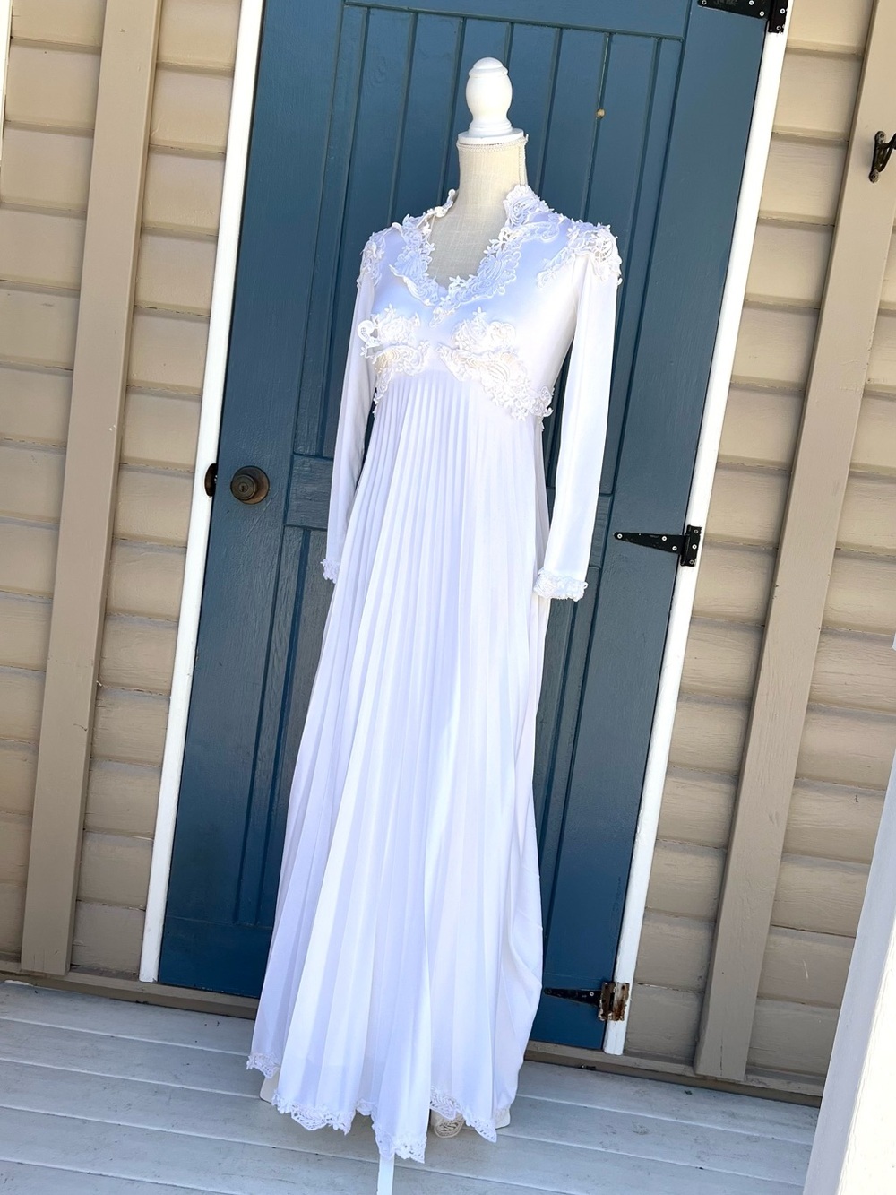VTG 70s Wedding Dress Pleated Jersey Crochet Lace Empire Waist Gown XS
